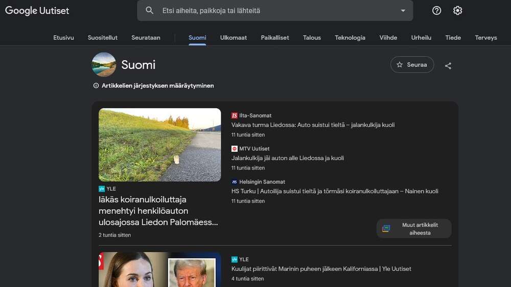 Eri uutissivustoilta uutisia keräävä Google News toimii nyt Suomessa