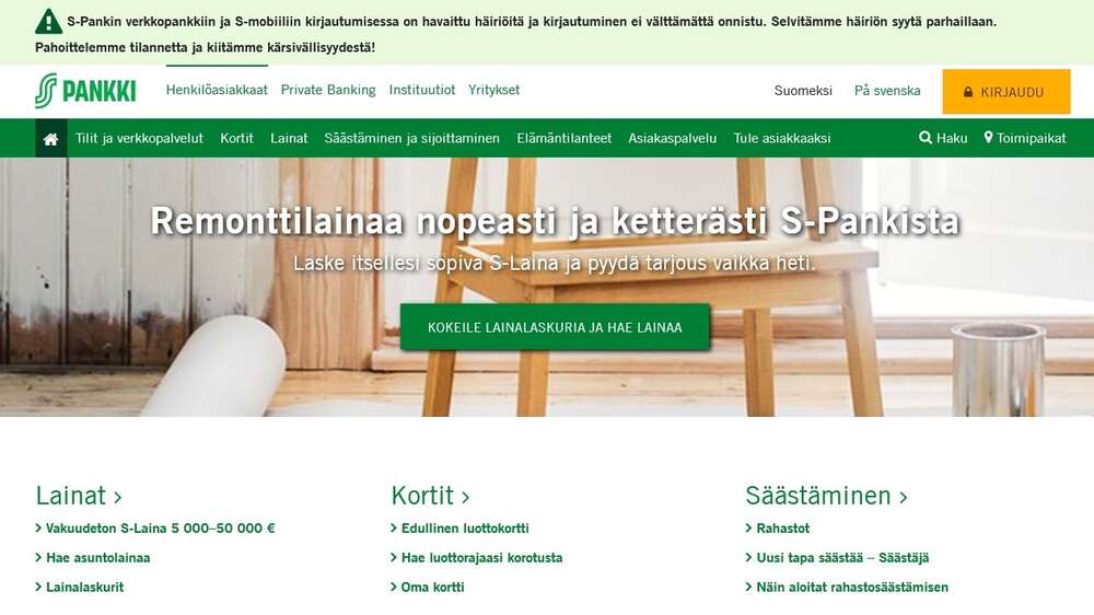 S-Pankin ja Ålandsbankenin palveluissa häiriöitä