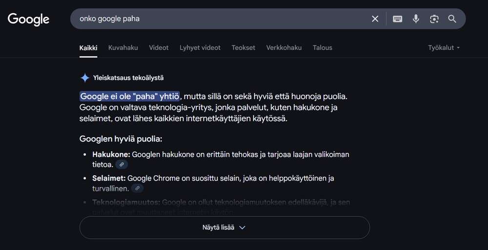 Googlen tulosten tilalle tulivat tekoälykoosteet Suomessakin