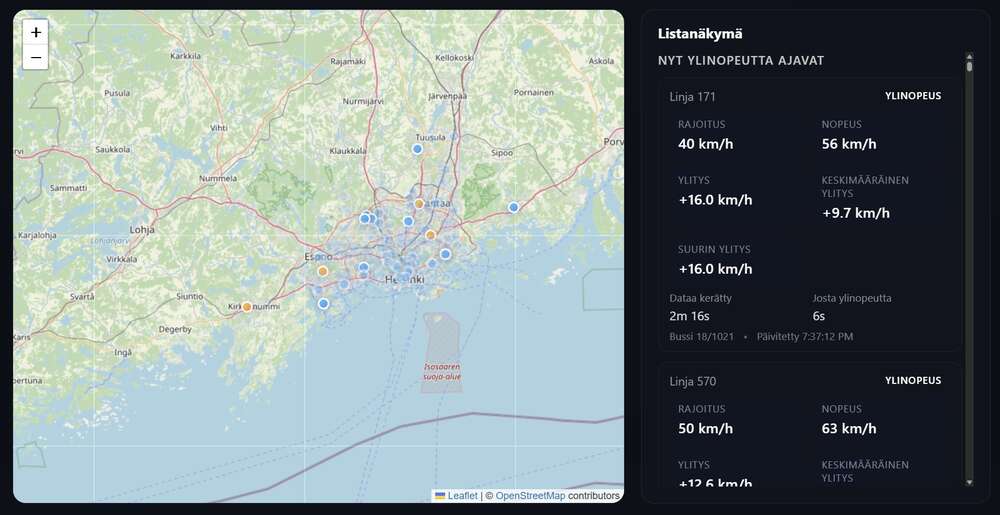 Sivusto, joka näyttää ylinopeutta ajavat Helsingin bussit