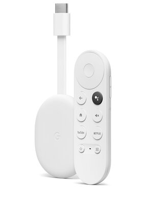 valkoinen Chromecast with Google TV kaukosäätimen kanssa
