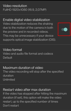 Enable digital video stabilization