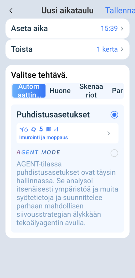 Ajastusten luonnin näkymä