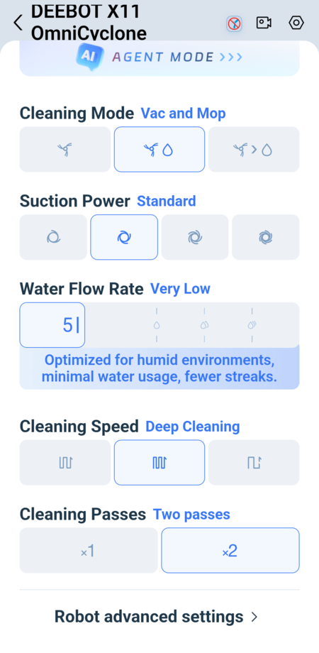 Single cleaning session settings 2/2