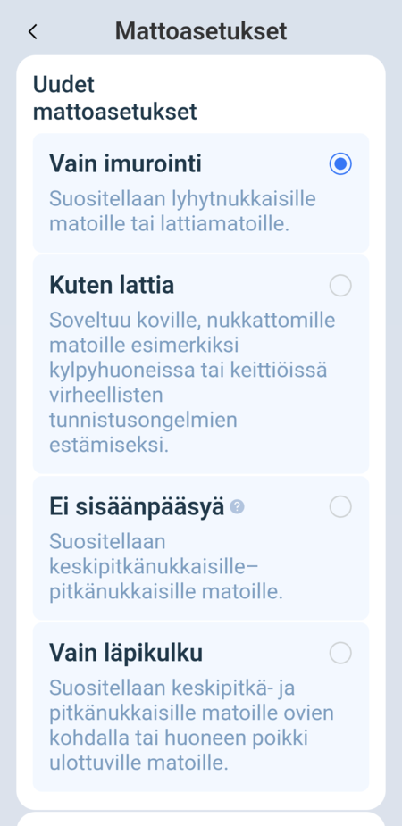 Mattojen siivouksen asetukset 1/3