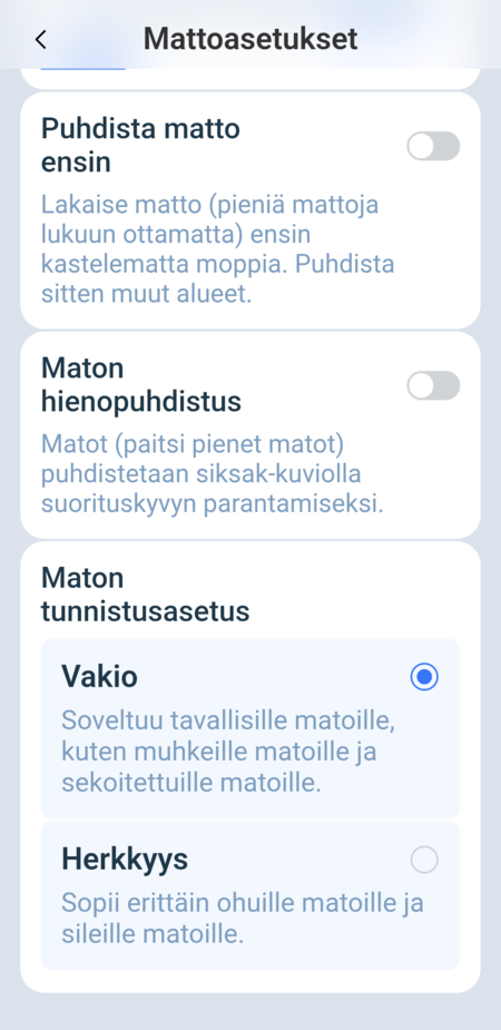 Mattojen siivouksen asetukset 3/3