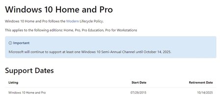 Windows 10 retirement date listed on Microsoft support page