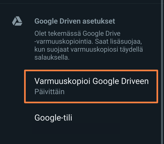 Google Drive-valinta asetuksissa