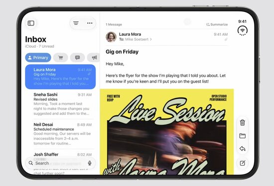iPhone Duo avattuna, sähköpostiohjelma auki