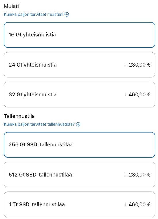 Apple Mac Minin käyttömuistin ja tallennustilan laajennusten hinnat Applen verkkokaupassa 11/2024