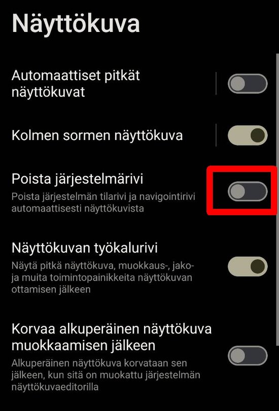 Asuksen asetus, jolla tilarivin saa poistettua ruutukaappauksista