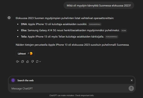 ChatGPT:n verkkohaku vastaa siihen, mitä kännykkää myytiin eniten elokuussa 2023