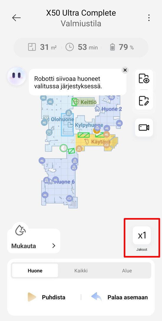 Huoneita siivottaessa voidaan robo komentaa siivoamaan sama huone kahdesti
