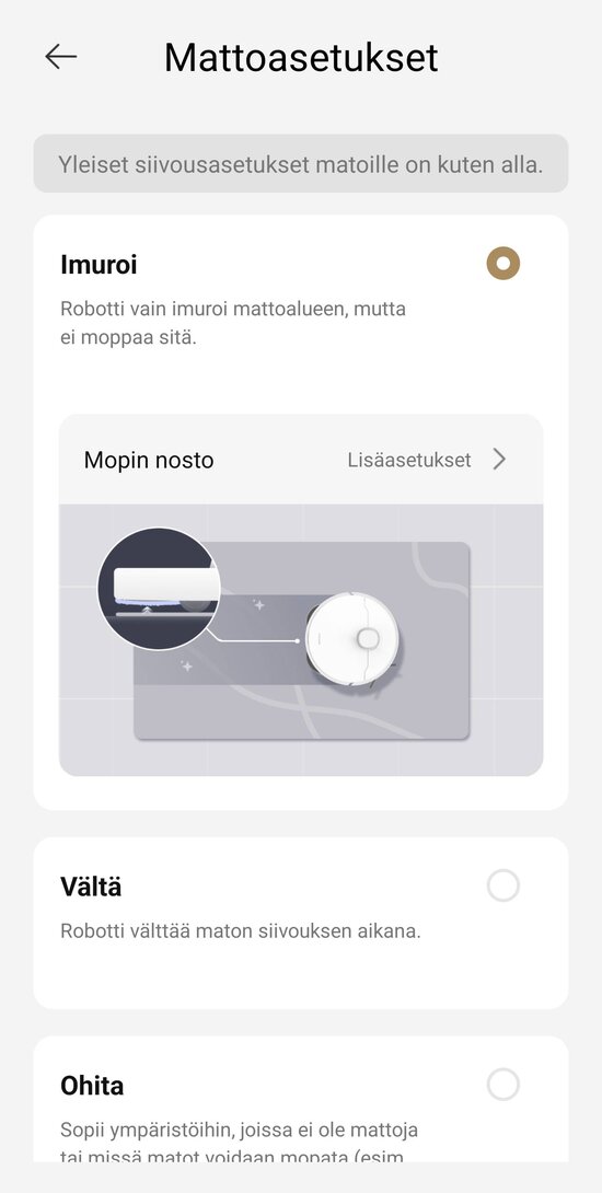 Mattojen siivouksen asetukset 1/2