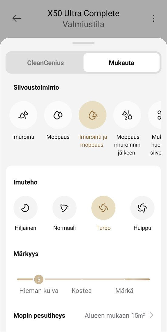 Siivoustyön asetukset 1/2