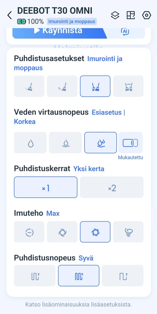 Käynnistyksen yhteydessä voi säätää sen, miten siivotan ja kuinka monta kertaa siivotaan