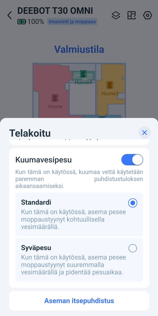 Telakassa moppien pesun asetukset