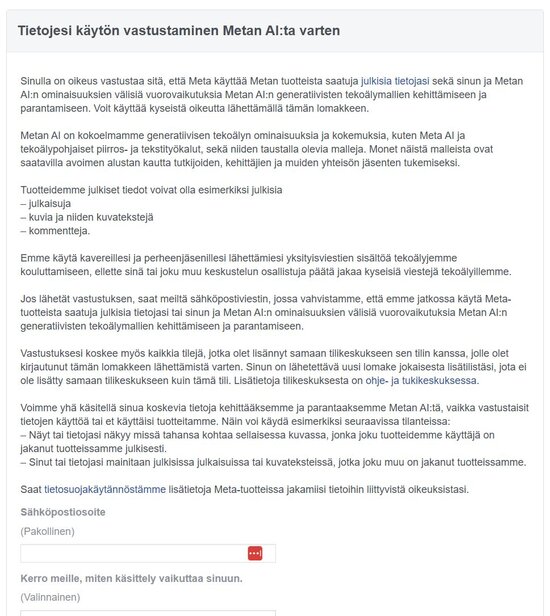 Pyyntö Facebookille omien tietojen kieltämisestä tekoälyn koulutukseen