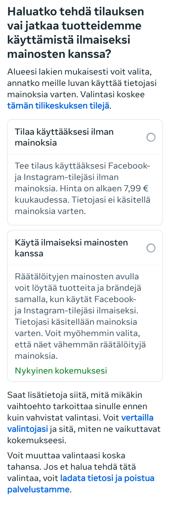 Facebook pyytää valitsemaan haluatko maksaa mainosvapaasta palvelusta vai et