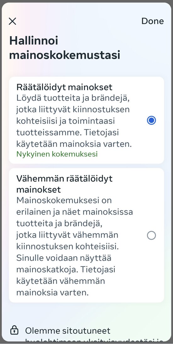 Valittavissa on kohdennetut tai kohdentamattomat mainokset