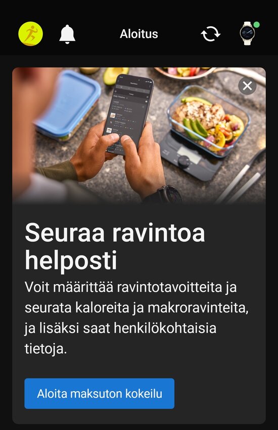 Garmin Connect -ruutukaappaus, jossa mainostetaan Ravinto-toimintoa