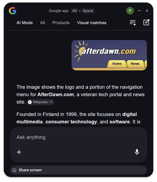 AfterDawnin vanha ulkoasu Google app for Desktop -sovelluksen käsiteltävänä