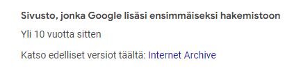 Linkki Internet Archiveen Googlen hakutuloksissa