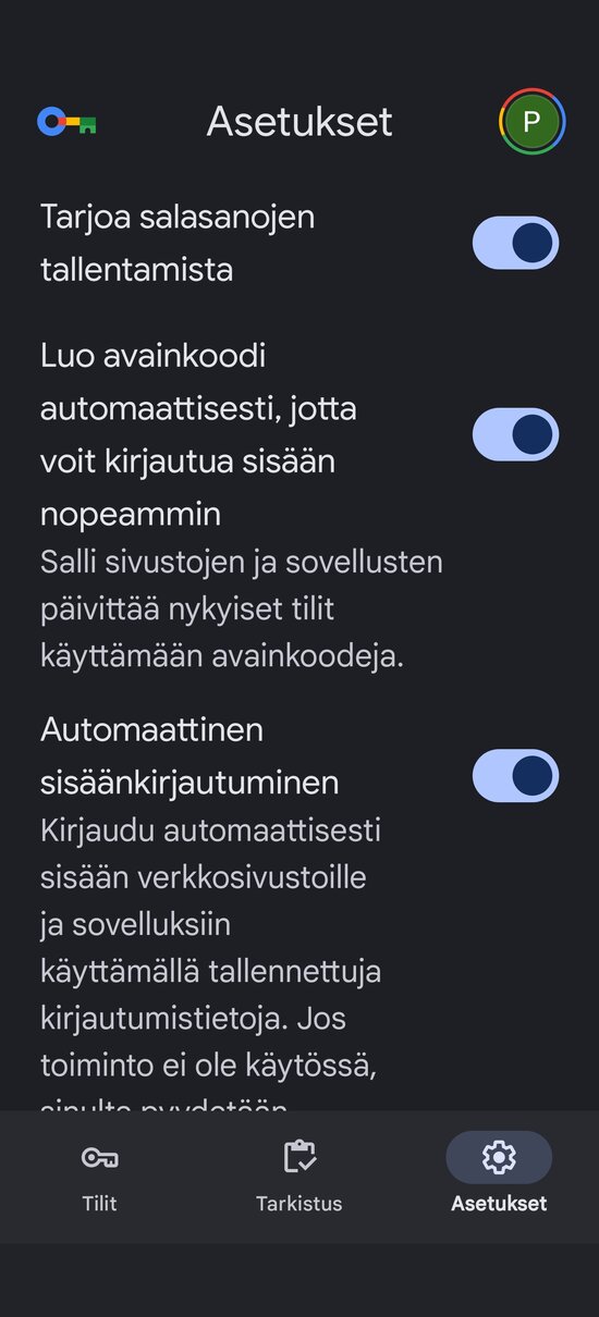 Google Salasanat -sovelluksen asetuksia