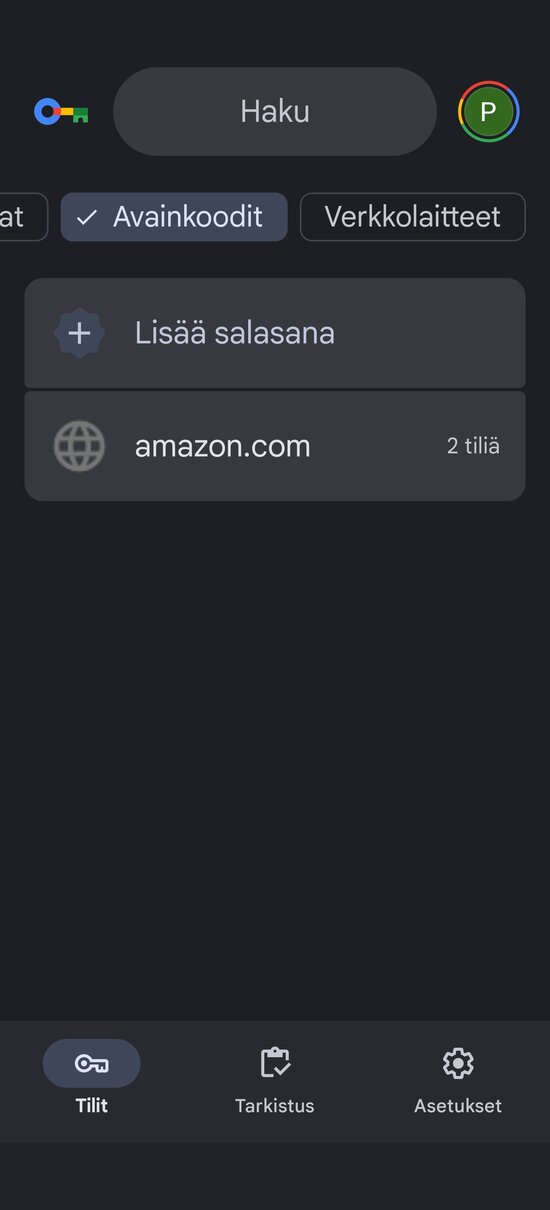 Google Salasanat -sovelluksen päänäkymä