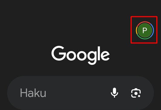 Googlen sovelluksen päänäkymä, josta pitää napauttaa omaa profiilikuvaa