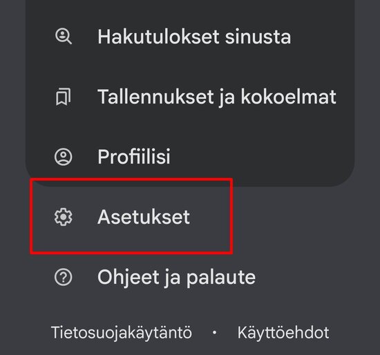 Päävalikko, josta valitaan kohta Asetukset