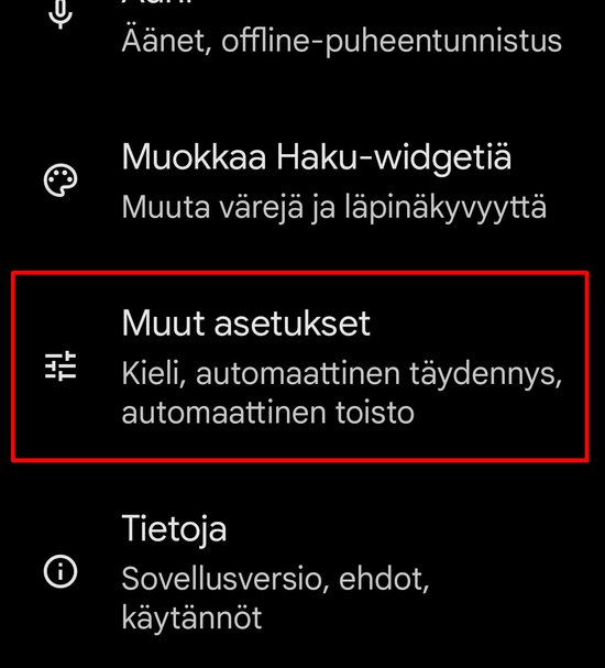 Asetusten valikko, josta valitaan kohta Muut asetukset