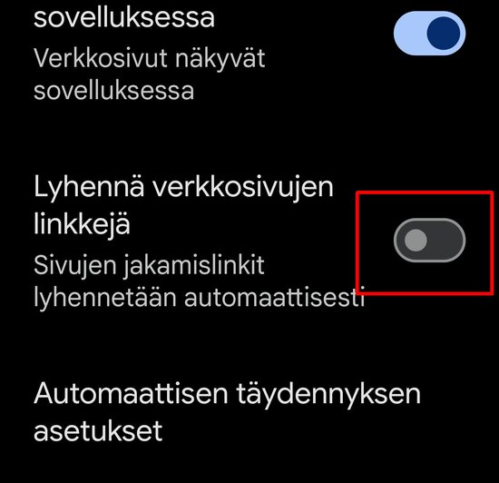 Kytketään pois linkkien lyhennys ja seuranta