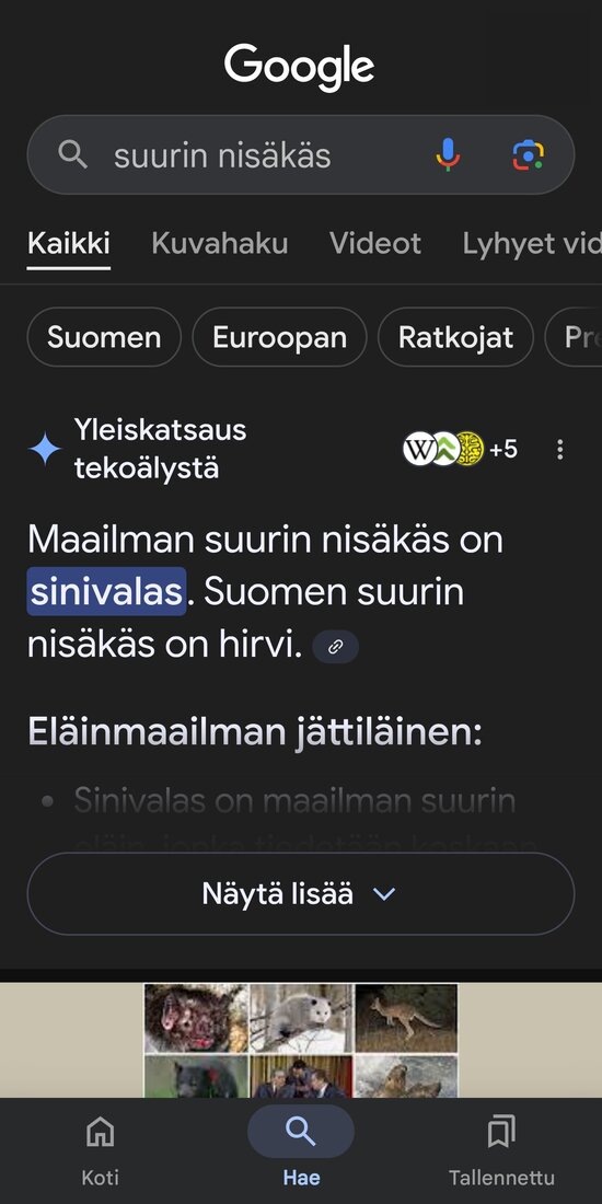 Suurin nisäkäs -haku kännykällä