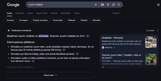Suurin nisäkäs -haku tietokoneella