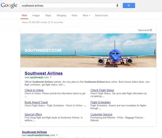 Southwest Airlinesin banneri Googlen hakutuloksissa