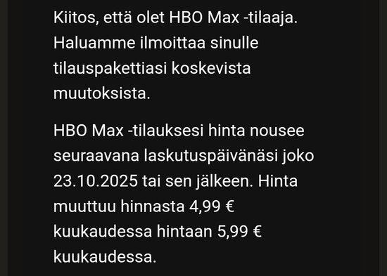 Osa HBO Maxilta tilaajille lähetetystä sähköpostiviestistä