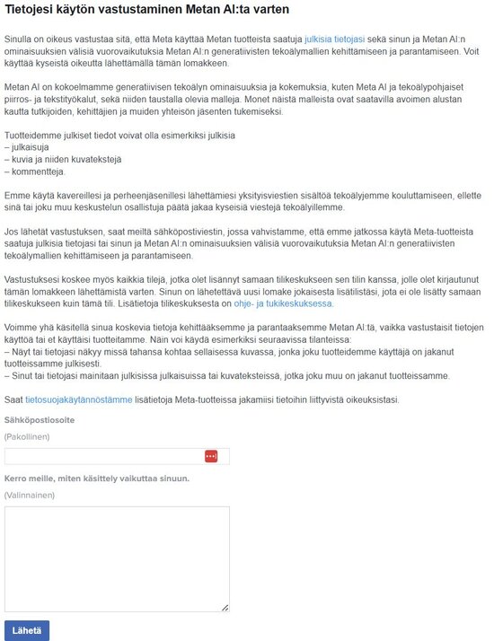 Pyyntö Instagramille, että omia tietoja ei käytettäisi Metan tekoälyn koulutukseen