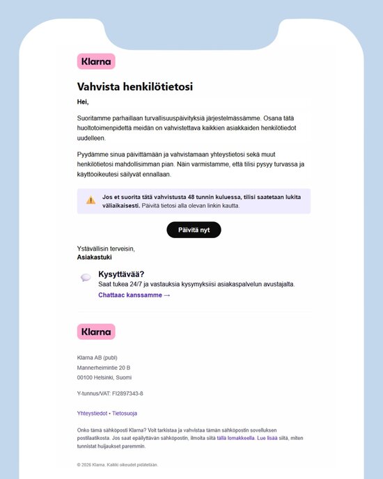 Klarnan nimissä lähetetty tietojenkalasteluviesti