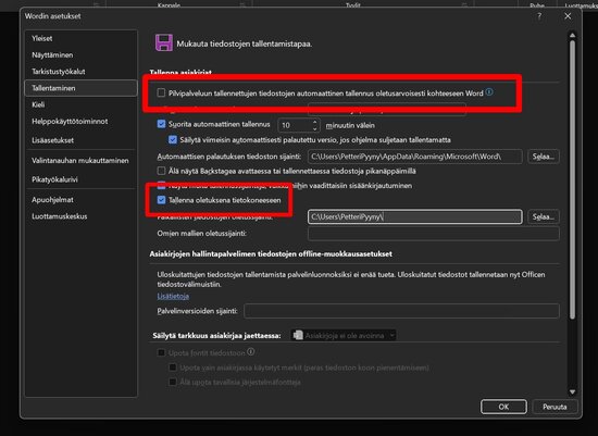 Wordin asetusten muuttaminen siten, että tiedostot eivät oletuksena tallennu pilveen