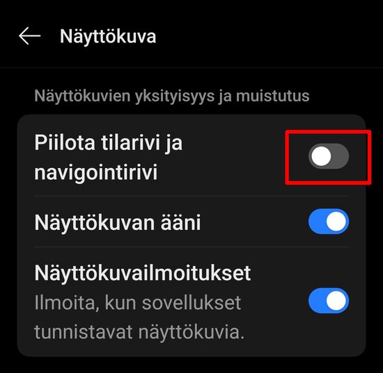 OnePlussan asetus, jolla tilarivin saa piiloon ruutukaappauksista