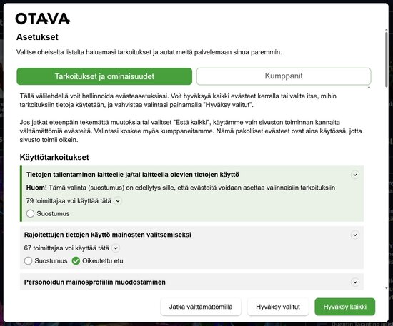 Otavamedian evästekyselyn asetusten näkymä 28.8.2026