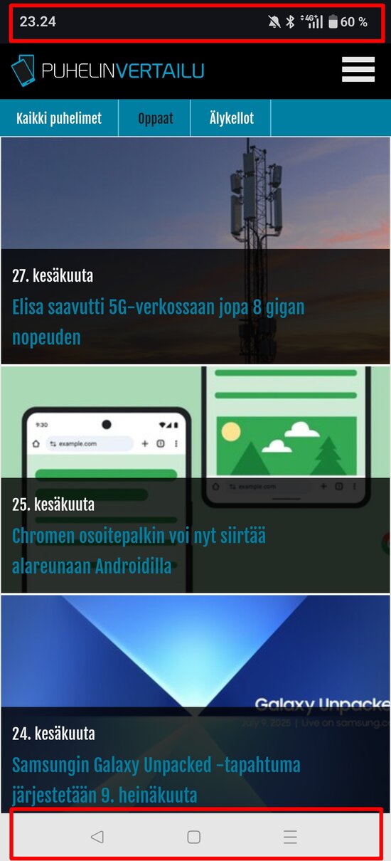 Ruutukaappaus, jossa tilarivi ja navigointirivi ovat korostettuja
