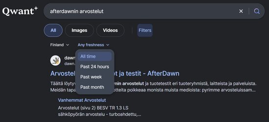 Qwant tarjoaa hyvin vähän suodatusvaihtoehtoja hakutuloksille