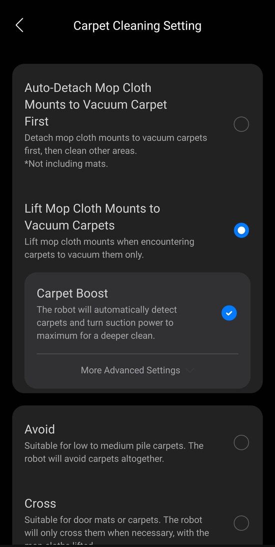 Carpet cleaning settings