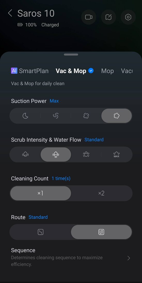 Cleaning settings when choosing to clean the entire home