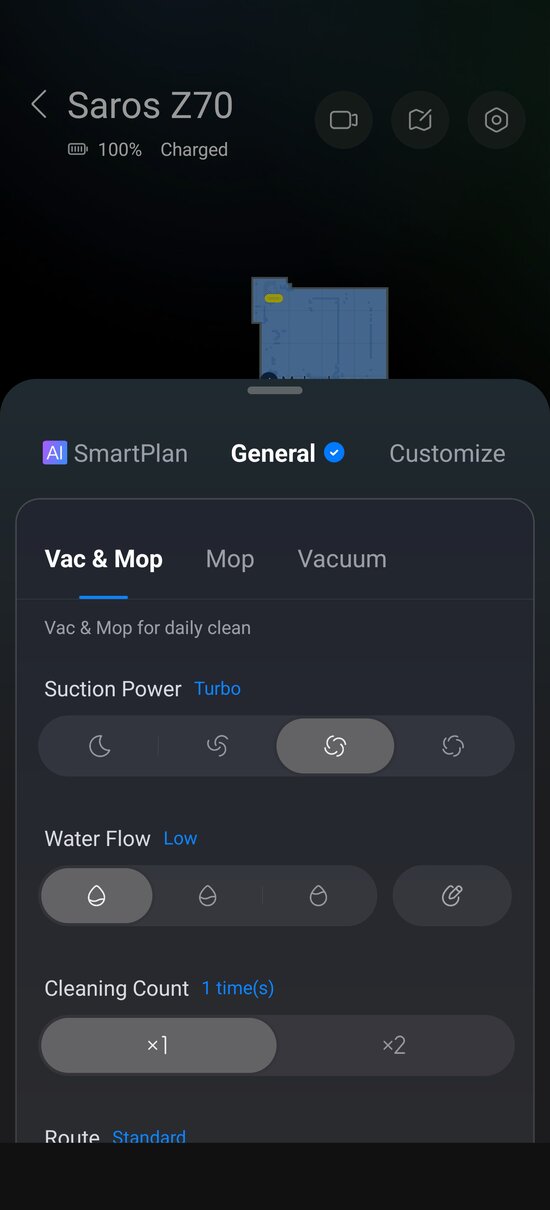 Options for starting a cleaning routine directly from app main view