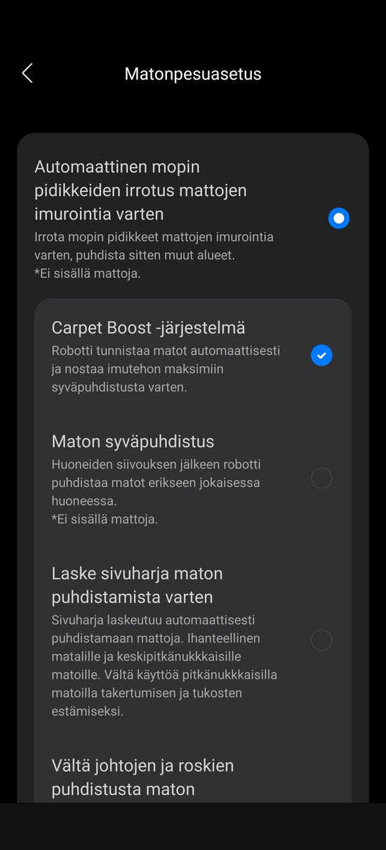 Mattojen puhdistuksen asetuksia 1/2