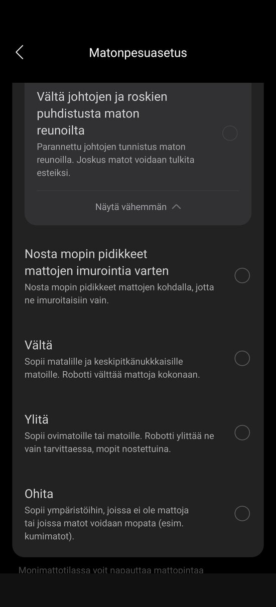 Mattojen puhdistuksen asetuksia 1/2