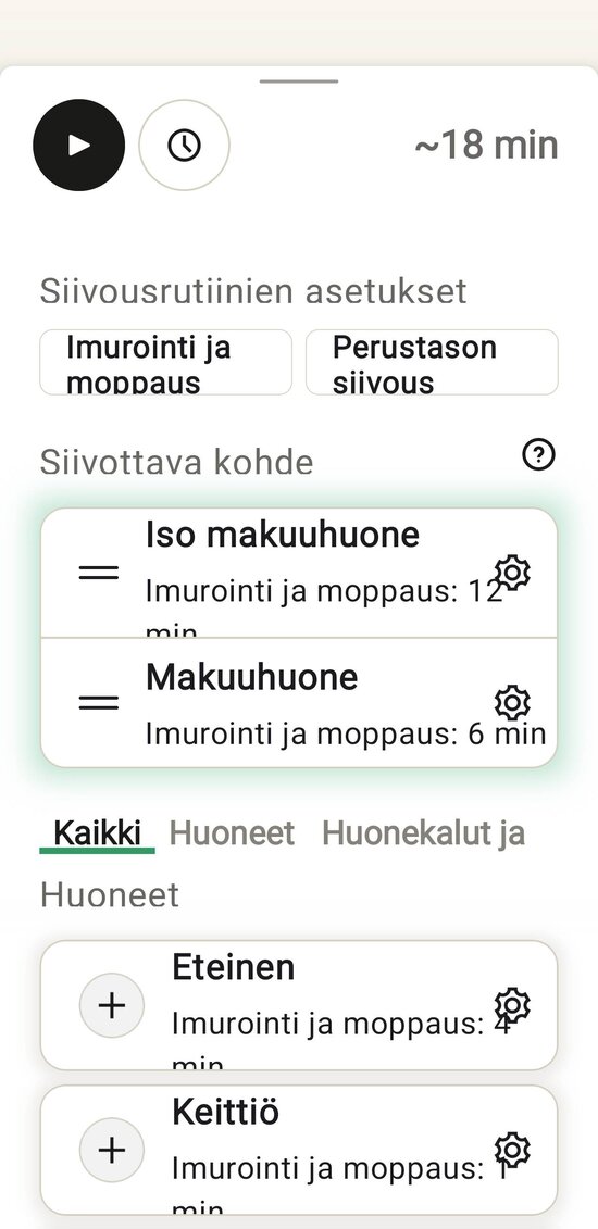Lista huoneista ja niiden siivousasetuksista